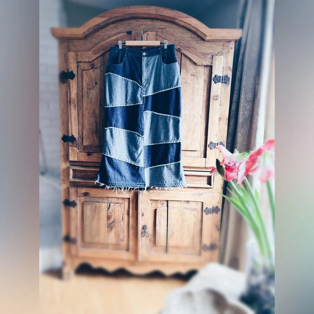 One-of-a-Kind Artisan Patchwork Denim Maxi Skirt